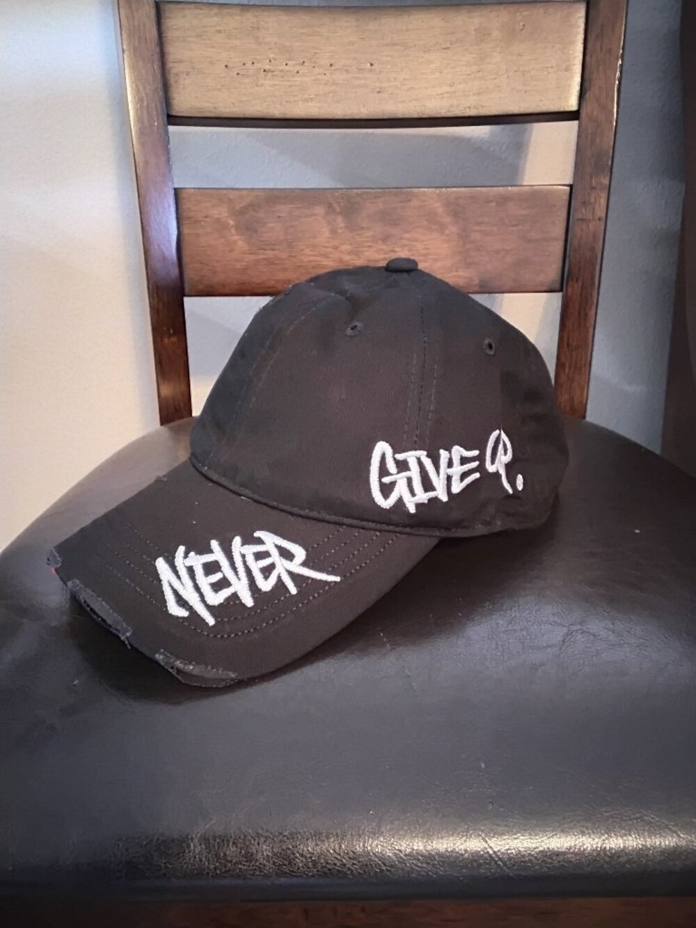 Brand New Distressed Never Give Up Ball Cap w/Adjustable Strap, Unbranded